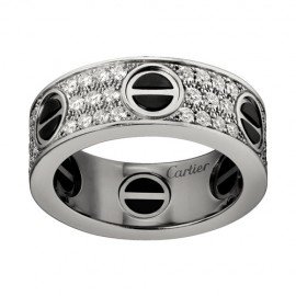 Cartier Love Ring Fake 18K White Gold Black Ceramic Paved Diamonds